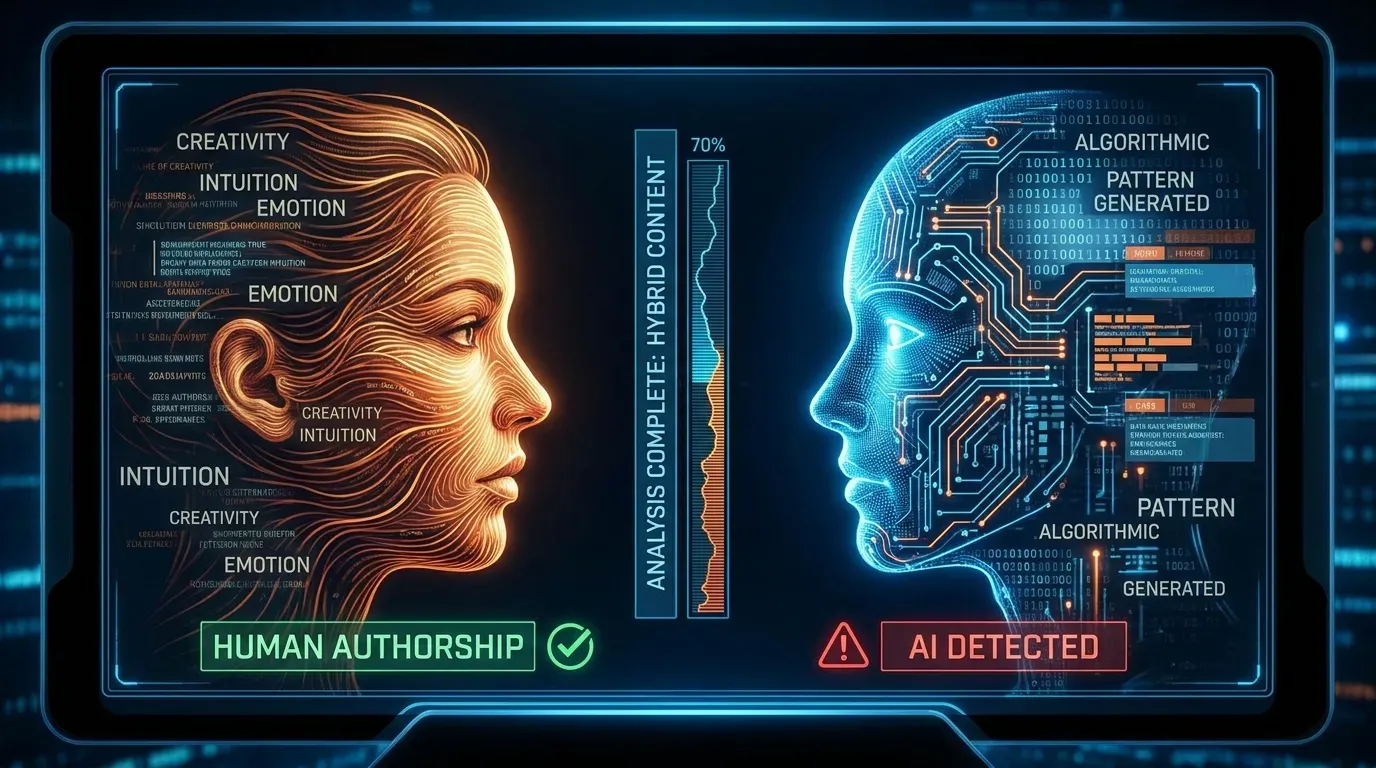 AI vs human text concept visualization showing two columns of writing