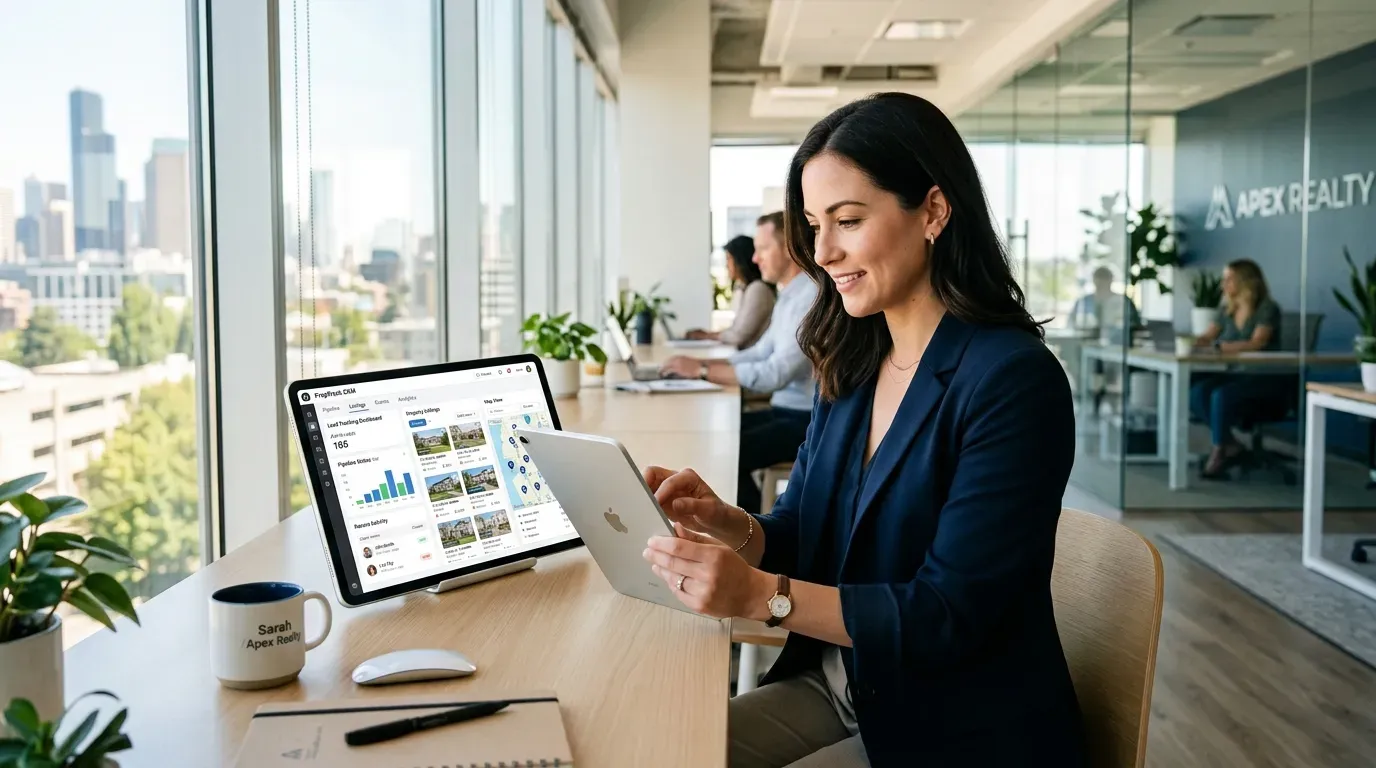 Real estate agent reviewing client pipeline on a CRM dashboard with property listings