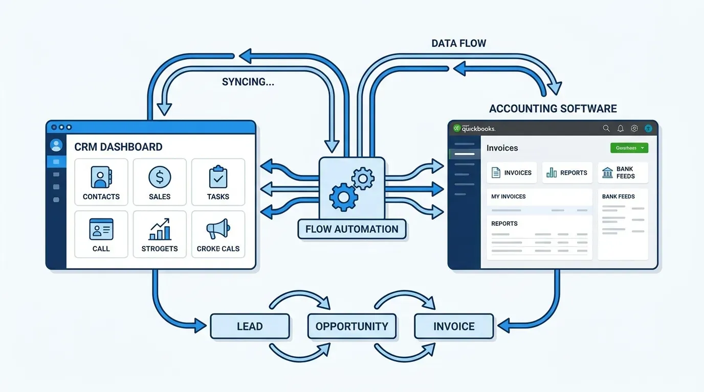 Diagram showing CRM dashboard syncing with QuickBooks accounting interface