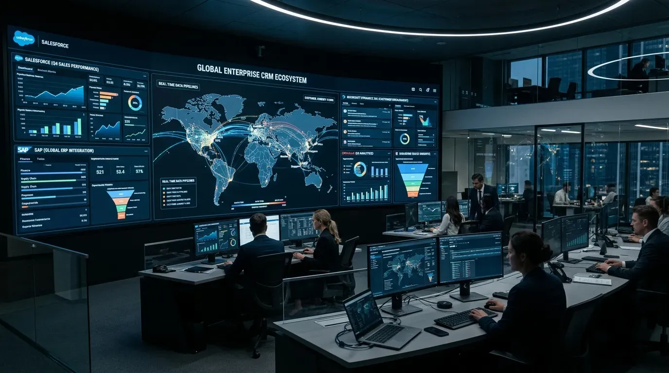 Enterprise team collaborating around a CRM dashboard with global pipeline visualization