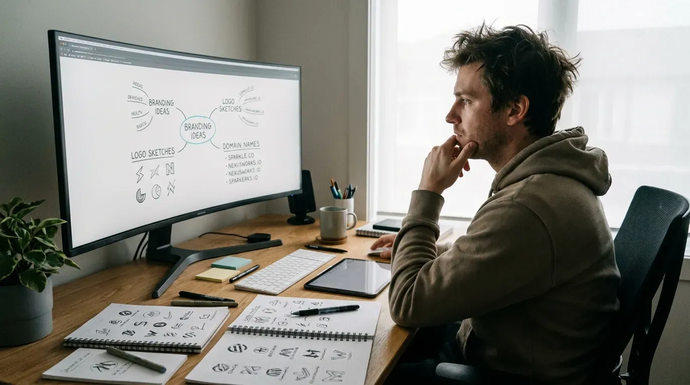 Founder thinking about startup name ideas with notebook and laptop