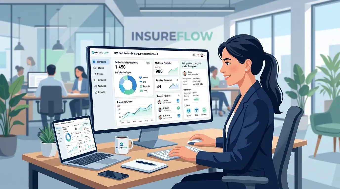 Insurance agent at desk with CRM dashboard showing client policies and renewals