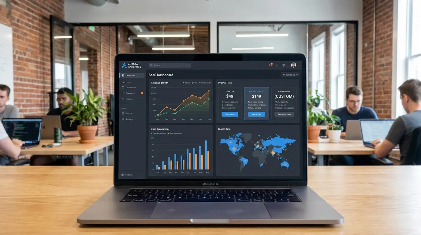 Laptop showing a SaaS pricing dashboard with MRR and ARR charts
