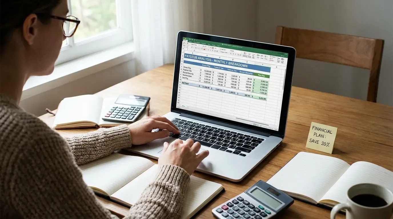 Person analyzing paycheck and tax calculations on a laptop