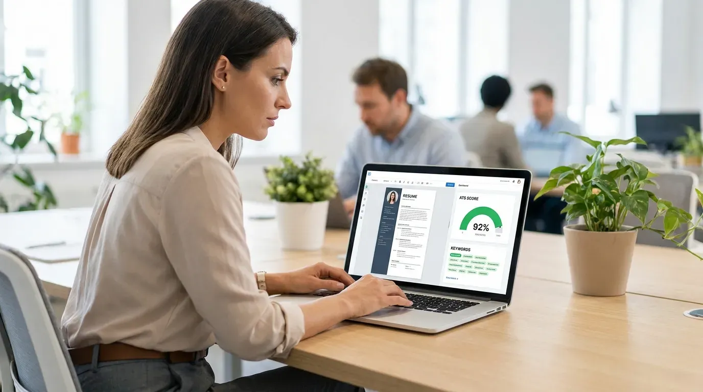 Person editing a professional resume on laptop with notes and coffee on desk