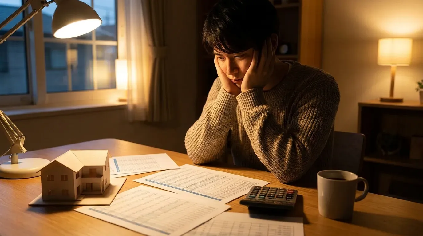 Person looking at a small house model and reviewing affordability documents