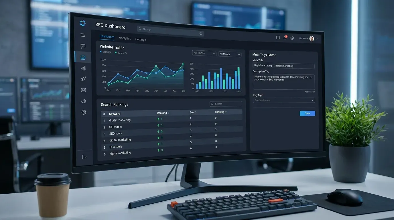 SEO dashboard with analytics charts and meta description editing interface