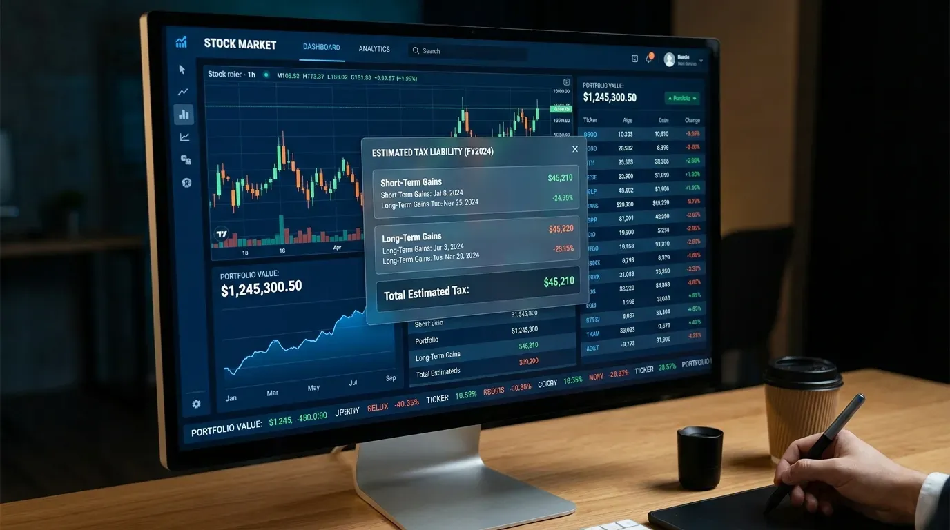 Stock market dashboard with tax calculation overlay on a laptop screen